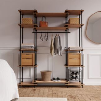 Otevřená šatní skříň v industriálním designu DECO s 13 policemi, 185x151x35 cm - Hover