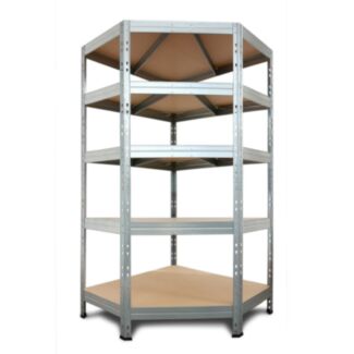Rohový kovový regál RIVET, 180x90x45x64,5 cm, 5x HDF police, zinek