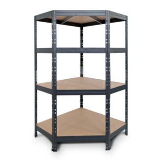 Rohový kovový regál RIVET, 180x90x45x64,5 cm, 4x HDF police, antracitová barva - Hover