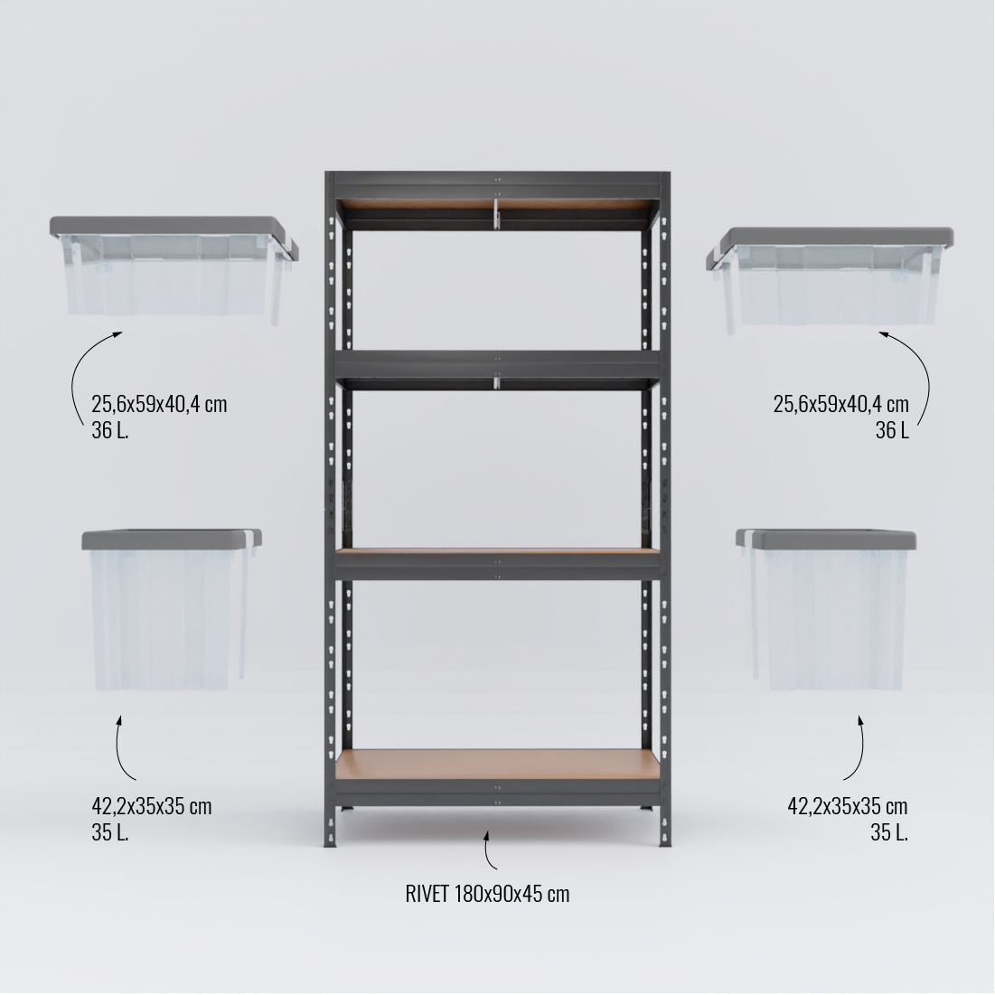 Régal RIVET PACK 180x90x45cm s plastových úložných boxů